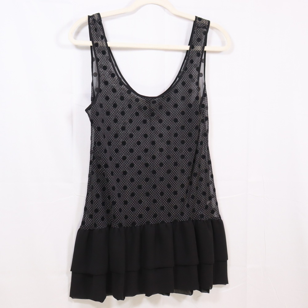 Miss Selfridge Polka Dot Tank Top UK 10 Black Womens Sheer Ruffle Hem Blouse